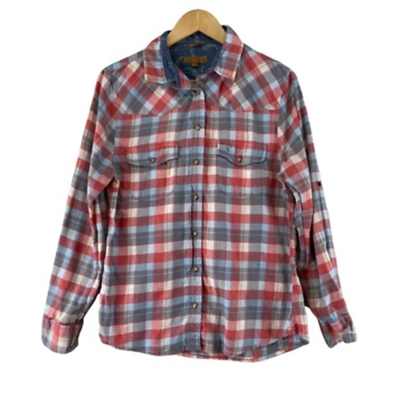 JACHS Girlfriend Bea Pearl Snap Flannel Shirt Women Medium Pink Blue 100% Cotton - Picture 1 of 7